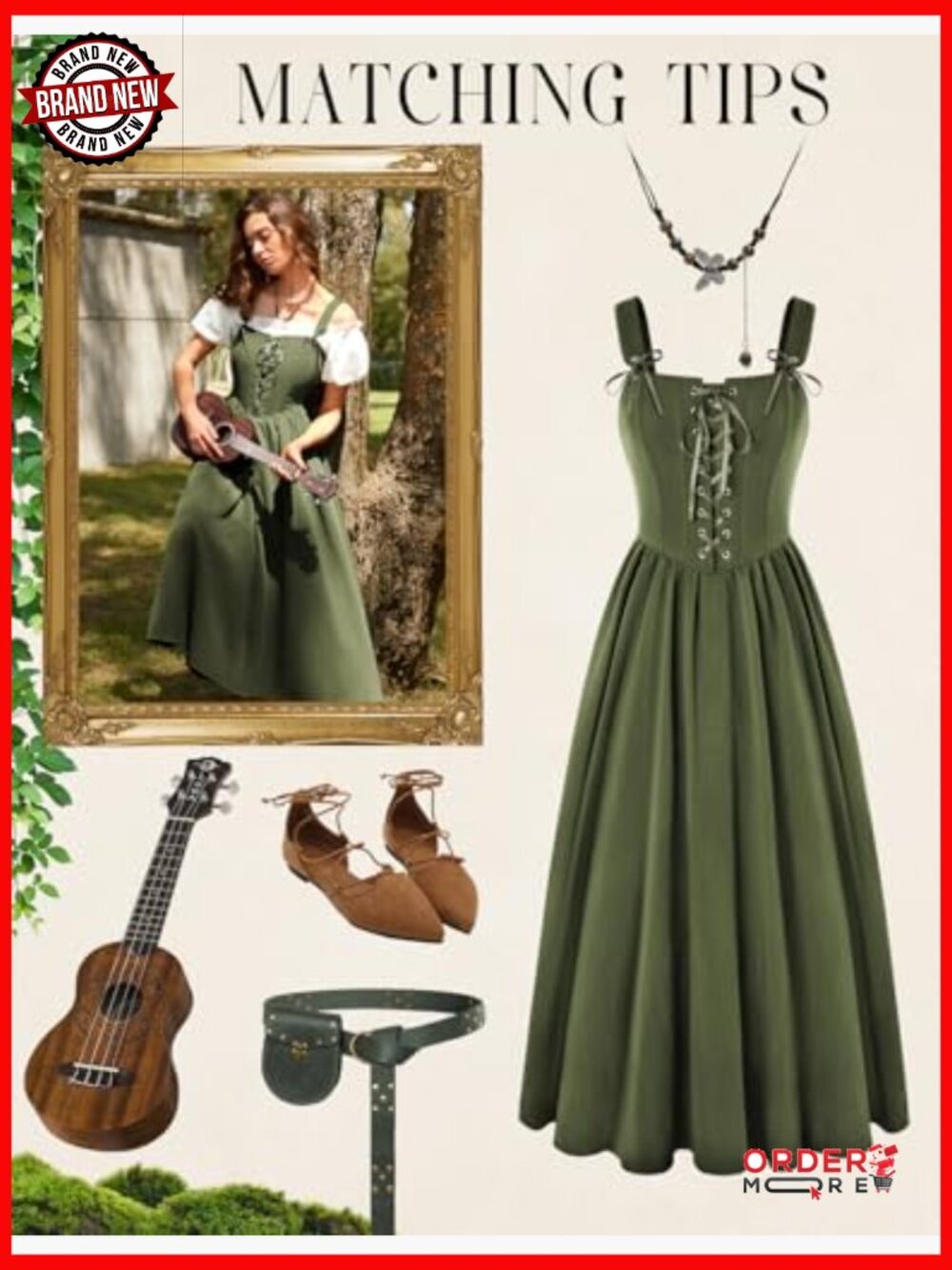 Sleeveless Lace Up Renaissance Cottagecore Long Dress Medieval Costume - Picture 3 of 7